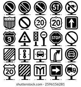 A collection of black and white vector-style traffic signs