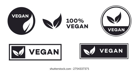 Collection of black and white vegan 100 certified product labels, icons, and badges. Ideal for promoting plantbased, organic, and sustainable lifestyles.
