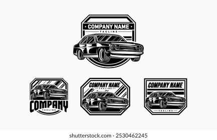 A collection of black and white vintage car logos featuring a classic car with various company names and taglines.