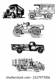 Collection Of Black And White Vintage Truck Vector Isolated White