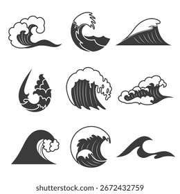 Collection of black and white wave logos featuring different abstract ocean waves