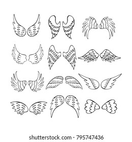 Collection of black and white wings. Hand drawn illustration. Doodle style. Made by trace from sketch.