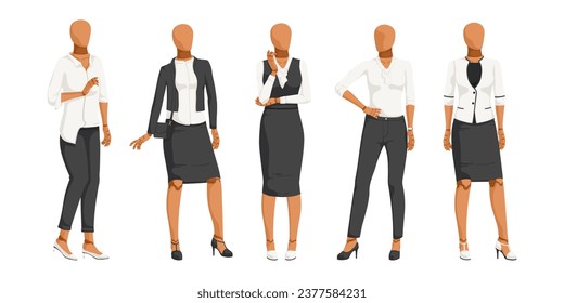 Kollektion von Schwarz-Weiß Frau formalen Verschleiß. Kleidung auf Mannequin. Modellbeispiel. Kleid, Rock, Handtasche, Fersensammlung. Frauenbüros-Uniform. Einzeln auf weißem Hintergrund. Vektorgrafik