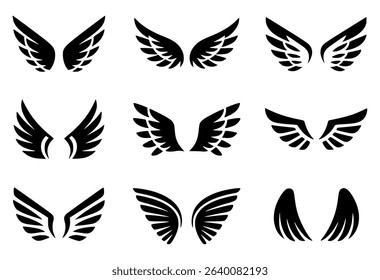 Collection of black wing silhouettes isolated on white background