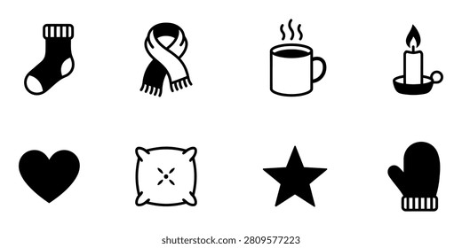 collection of black winter icons including a sock scarf coffee mug candle heart pillow star and mittens isolated on white background