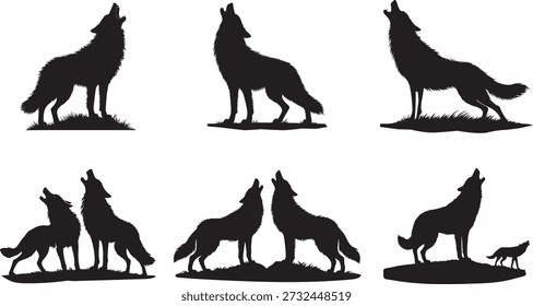 A collection of black wolf silhouettes howling, depicted in various poses on stylized ground, showcasing their iconic vocalization and pack behavior in a graphic style.