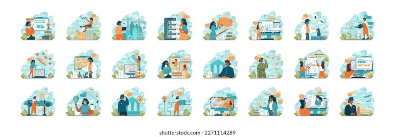 Collection of black woman of various occupations. Female characters wearing a professional uniform set. Doctor, teacher, scientist, police officer. Flat vector illustration