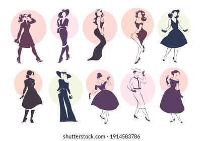 Collection of black women full length portraits silhouettes in different poses isolated on white background. Lady fashion style with dress, trousers, shoes, hat, bags. For logo, emblems, advertisement