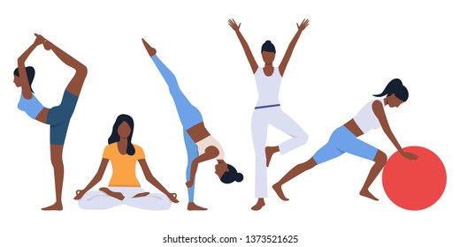 Collection of black women at yoga class. Group of cartoon characters in sportswear training in gym. Vector illustration can be used for presentation, leisure, article