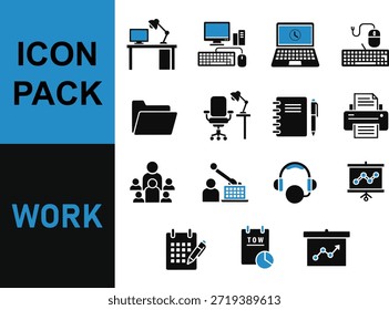 Coleção de ícones de trabalho pretos no fundo branco e azul, representando escritório e tecnologia.