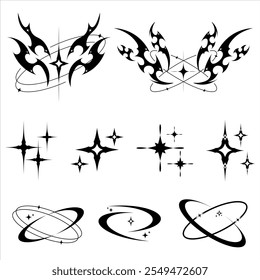 Uma coleção de projetos vetoriais de elementos Y2K pretos com padrões tribais, estrelas cintilantes e elementos inspirados em órbita cósmica, perfeito para projetos criativos.