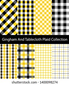 Collection of Black and Yellow Gingham / Tablecloth patterns. Seamless checkered and square texture backgrounds.