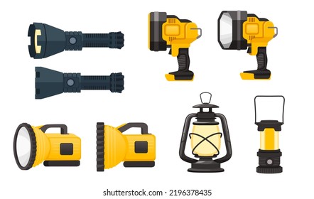 Collection of black and yellow modern led flashlight for tourism camping police or military usage vector illustration isolated on white background