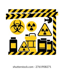 A collection of black and yellow warning signs and containers for hazardous substances, featuring biohazard and radioactive symbols, surrounded by caution tape.