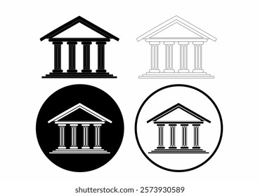 Collection of black-and-white classical building icons featuring columns and pediments in various styles. Perfect for law, government, or historical themes