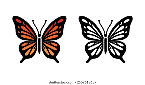 A collection of black-and-white and colorful butterfly designs, blending simplicity and elegance. Showcases detailed sketches, ornate illustrations, abstract icons, and silhouettes on white background