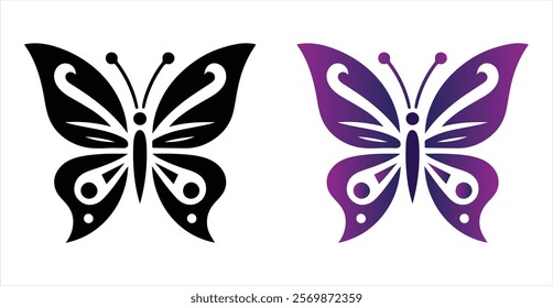 A collection of black-and-white and colorful butterfly designs, blending simplicity and elegance. Showcasing detailed sketches, ornate illustrations, abstract icons and silhouettes on white background