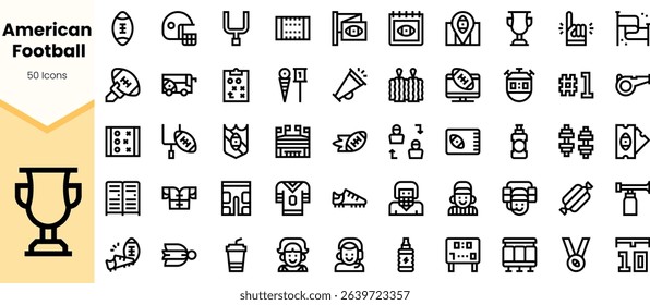 A collection of black-and-white icons representing various elements of American football, showcasing equipment, trophies, and game-related symbols.