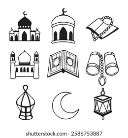 A collection of black-and-white line art icons representing various symbols of Ramadan and Islamic traditions. The set includes images of mosques, prayer beads, lanterns, the crescent moon, the Quran,