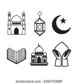 A collection of black-and-white line art icons representing various symbols of Ramadan and Islamic traditions. The set includes images of mosques, prayer beads, lanterns, the crescent moon, the Quran,