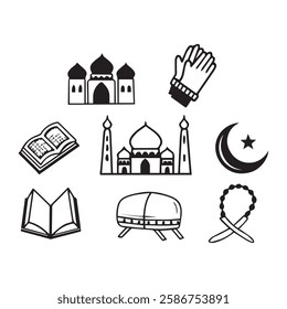 A collection of black-and-white line art icons representing various symbols of Ramadan and Islamic traditions. The set includes images of mosques, prayer beads, lanterns, the crescent moon, the Quran,