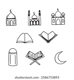 A collection of black-and-white line art icons representing various symbols of Ramadan and Islamic traditions. The set includes images of mosques, prayer beads, lanterns, the crescent moon, the Quran,