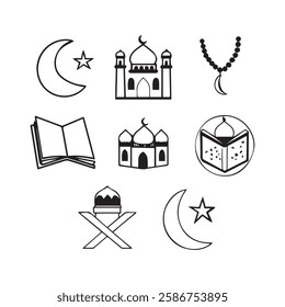 A collection of black-and-white line art icons representing various symbols of Ramadan and Islamic traditions. The set includes images of mosques, prayer beads, lanterns, the crescent moon, the Quran,