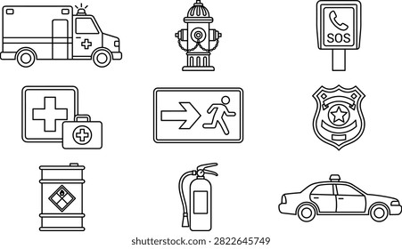 A collection of black-and-white line icons representing emergency and safety services, including ambulance, fire hydrant, police badge, first aid, fire extinguisher, and hazard symbols. Ideal for infographics, safety manuals, public signage, and emergency response design projects.