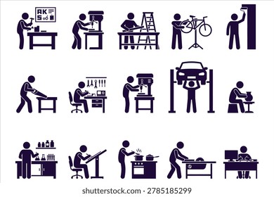 Collection of blackandwhite vector icons depicting various professional activities and work environments for office branding design