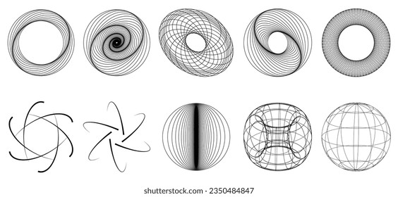 Colección de formas 3D en blanco y negro. Formas poligonales Figuras lineales básicas. Ilustración vectorial. Formas gráficas para el diseño gráfico de estilos de sintonización retroonizada en el fondo blanco.