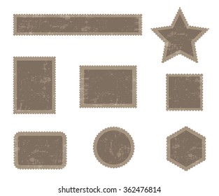 collection of blank aged postage stamps isolated on white background, vector design element