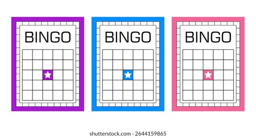 Coleção de cartões de bingo em branco para impressão. Folhas de jogo vazias sem números. Lotto e keno modelos de ingressos para eventos de cassino, atividades de festa e ilustrações de entretenimento.