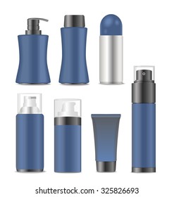 Collection of blank blue men cosmetic tubes. Vector illustration