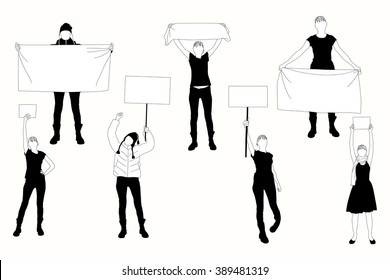 Collection of blank boards silhouette. Womans holding a cards / boards