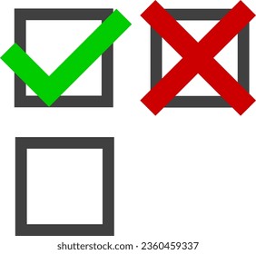Collection of blank checkbox, with green check or red cross in flat style