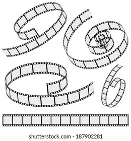 Collection of blank cinema film strip frames with different shape and curve effect and empty space for your movie photograph and picture. EPS 10 vector illustration isolated on white background.