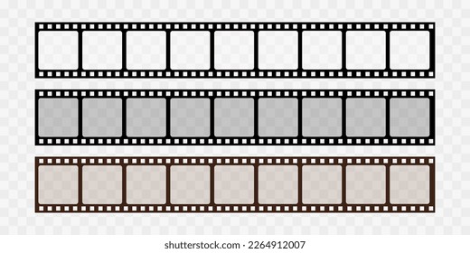 Collection of blank cinema film strip frames. Grunge film strips collection. Empty retro filmstrip design elements. Photography and cinematography. Film strip isolated on transparent background