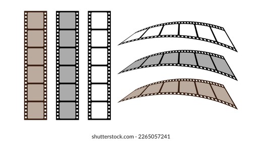 Collection of blank cinema film strip frames. Grunge film strips collection. Empty retro filmstrip design elements. Photography and cinematography. Curved film strip isolated on white background