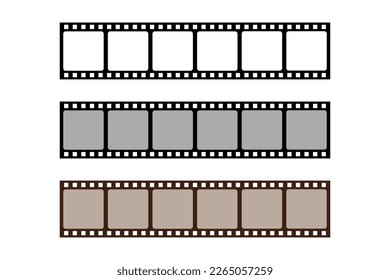 Collection of blank cinema film strip frames. Grunge film strips collection. Empty retro filmstrip design elements. Photography and cinematography. Photographic film in retro style