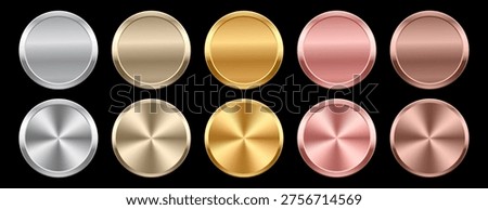 Collection of blank, circular metallic gradient badges or buttons with variations of silver, champagne, bright gold, rose gold, and bronze, copper