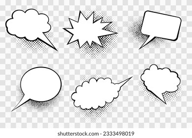 Collection of blank comic speech bubbles with halftone shadows. Pop art style.