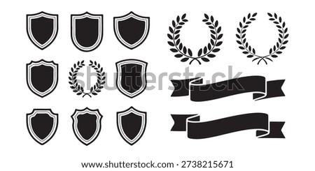 Collection of blank crests, decorative laurel frames, heraldic ribbons, emblem components