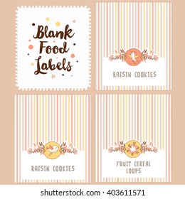 Collection of Blank Food Labels. Birthday party design elements set with  birds and flowers. Template for congratulations, invitations, gift tags