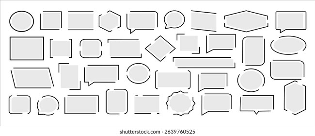 Collection of blank monochrome speech bubbles in various geometric shapes. Vector elements for messages, callouts, UI design, templates, tags, banners, and graphic layouts.