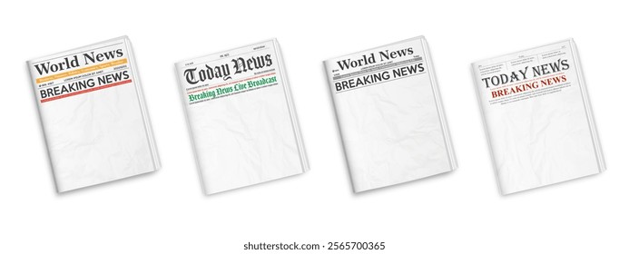 Collection blank newspaper World and daily news template. Vertical newspapers isolated on white background.  Mockup realistic Vector illustration.