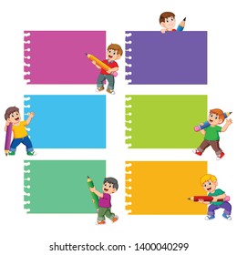 the collection of the blank note with the children holds the pencil