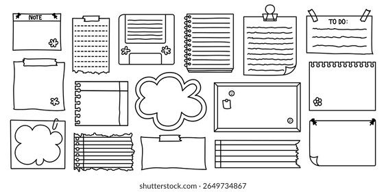 Collection of blank note templates in doodle style. Set includes ripped paper sheets, sticky notes, notebooks, memo boards, and reminders. Perfect for planners, journaling, and creative projects.