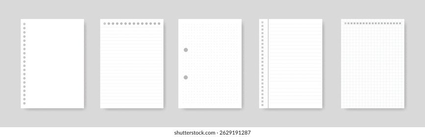 collection of blank notebook paper sheets with binder holes, design with lines, dots, cells, place for text