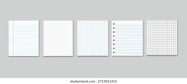 Colección de diseños de páginas de cuadernos y papel en blanco con líneas de cuadrícula y bordes sobre fondo gris