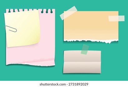 Sammlung leerer Papiernotizen, klebriger Memos und aufgeklebter Nachrichten auf lebendigem grünem Teal-Hintergrund, ideal für Erinnerungen, Aufgabenlisten oder Designelemente